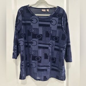Chico’s Top Large Navy Geometric Women's blouse 3/4 sleeve fall and holiday NWT